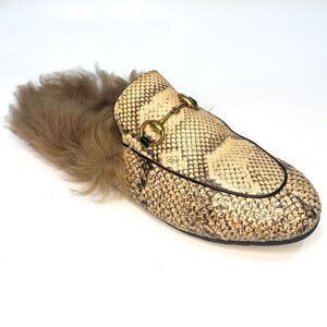Gucci Princetown Fur Slipper EU 37 US 7 Python Print Horsebit Mule Loafer Flats
